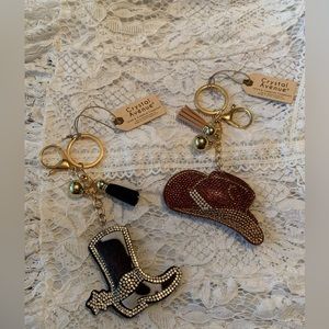 Crystal Avenue Cowboy hat and cowboy boot keychains or purse charms